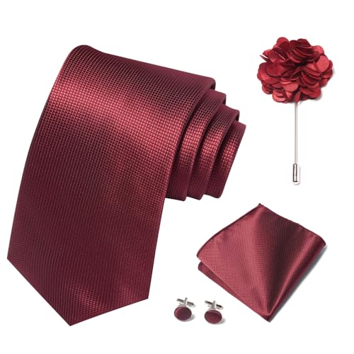 Image of Solid Color Ties Set Men Handkerchief Cufflinks Brooch 3.15 inches Classic Formal Necktie Pocket Square Set