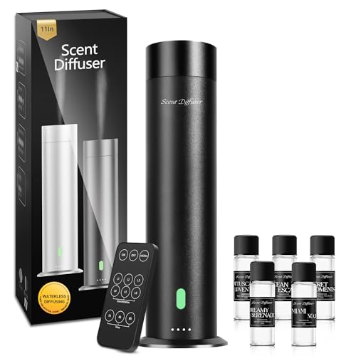 Waterless Scent Diffuser Starter Kit - 1000 Sq Ft Coverage, Hotel Scent Diffuser, Essential Oil Diffuser Large Room, Included 5 Scent Oils, Remote Control, Black, 11In