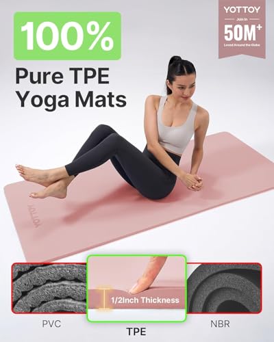 YOTTOY Yoga Mat，Extra Thick Yoga Mat (1/2inch),Professional TPE Exercise Mat,Non-Slip Workout Mat for Yoga, Pilates, Fitness, Barefoot Workouts, Home Gym Studio with Strap2