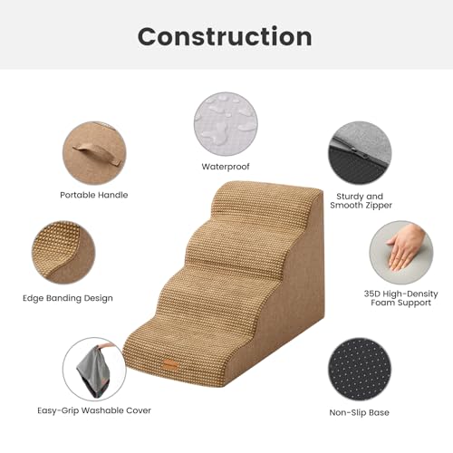 Image of Gardner Pet Dog Stairs for Small Dogs 19.7 inch H, 4-Step Brown Curved Pet Stairs, Dog Steps for High Bed (18-24 in), Couch with Durable Non-Slip Waterproof Fabric Cover and CertiPUR-US Certified Foam