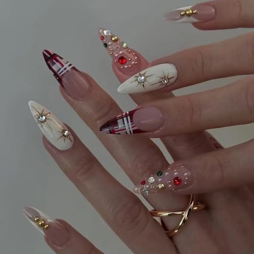 24PCS Almond Christmas False Nails - Medium Almond Press on Nails Glossy Nude Pink Fake Nails with Gemstone Design Acrylic Full Cover Stick on Nail for Women Manicure Removable Glue on Nail for Girls