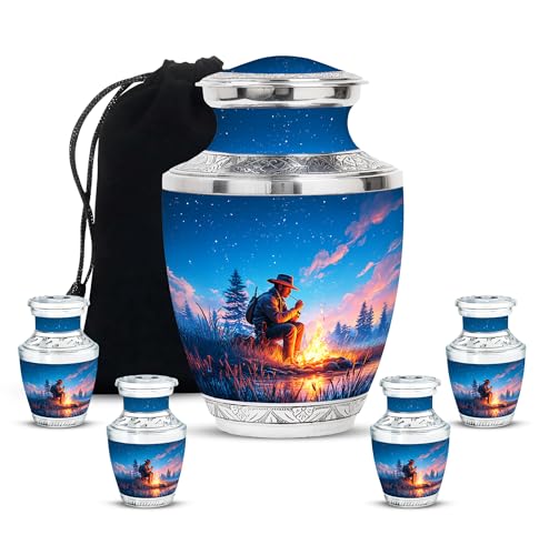 Image of Cowboys Urn Large Burial Urn 1 Large & 4 Small | Decorative Urns for Ashes, Memorial Keepsakes for Ashes, Funeral Urns for Adult Human