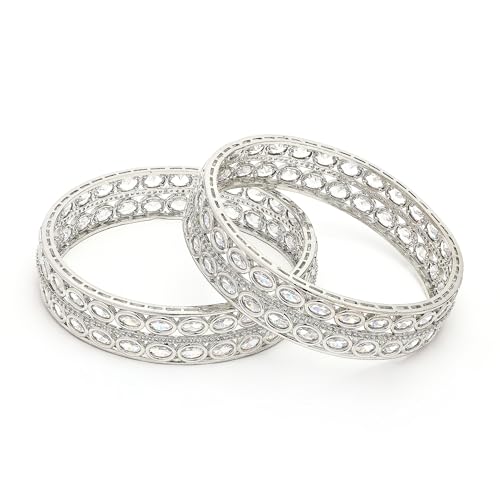 Image of ZENEME Rhodium Plated Silver Toned Oval Shaped White American Diamond Studded Bangles Set Of 2 For Women & Girls
