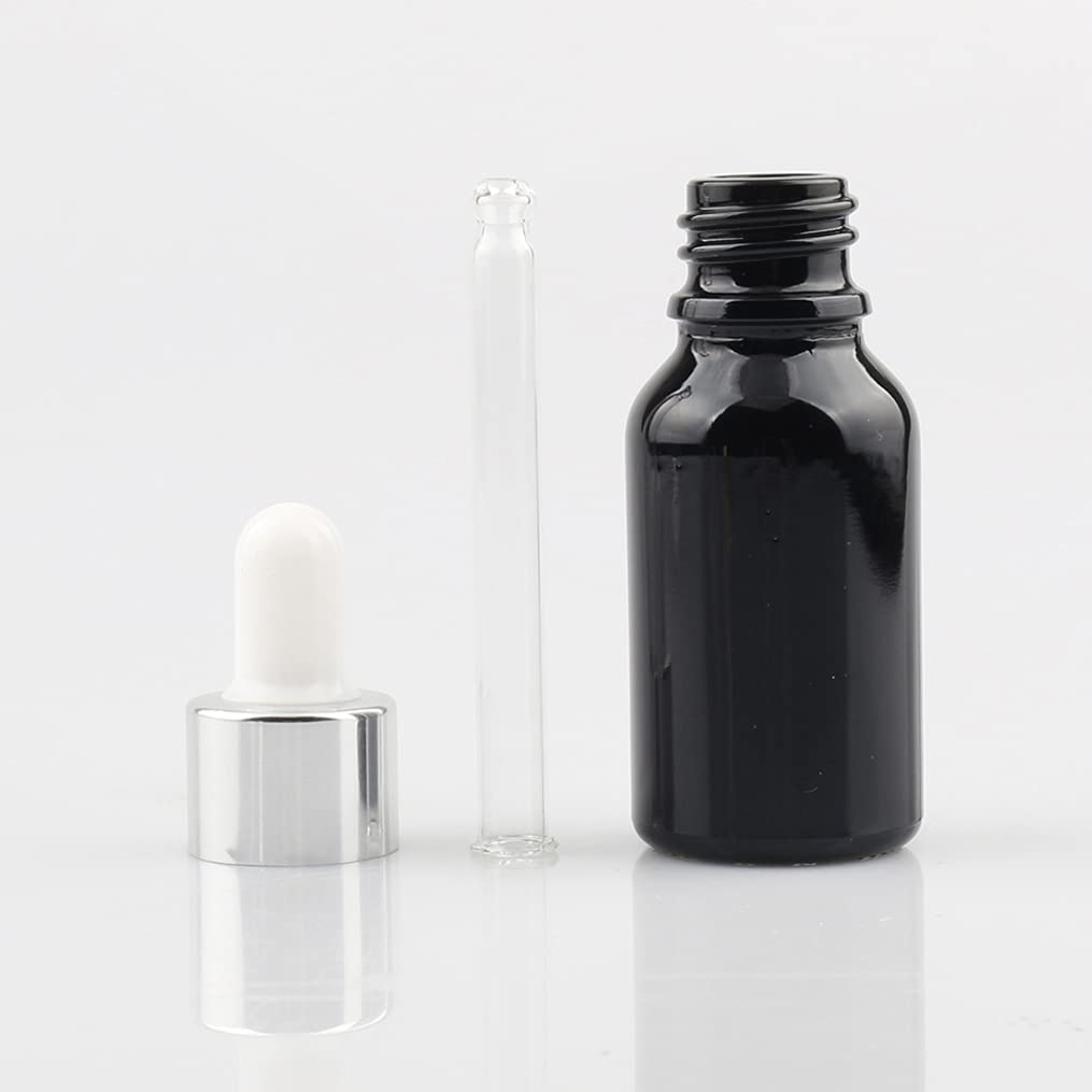 24 Stück 15ml Glänz schwarz Pipettenflasche Tropfpipetten mit Silber Pipettenring für Ätherisches Öl,Aromatherapie, Massage, Duftöl Probe, chemische Flüssigkeit + 4x Trichter