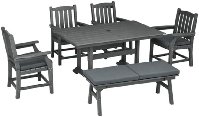6-Piece Patio Dining Set with Cushioned Bench and Gray Chairs on a Deck