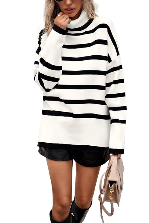 Image of Women's Turtleneck Oversized Sweaters Long Sleeve Split Hem Striped Knit Pullover Tops