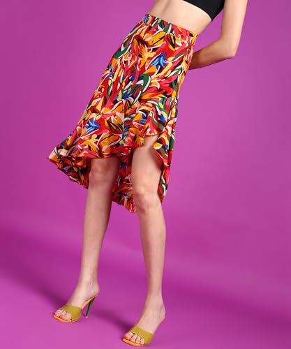 Image of POPWINGS Casual Floral Printed Asymmetric Flare Skirt for Women || Stylish Knee-Length Flare Women Skirt Trendy Western Regular Wear Knee-Length Women Skirt