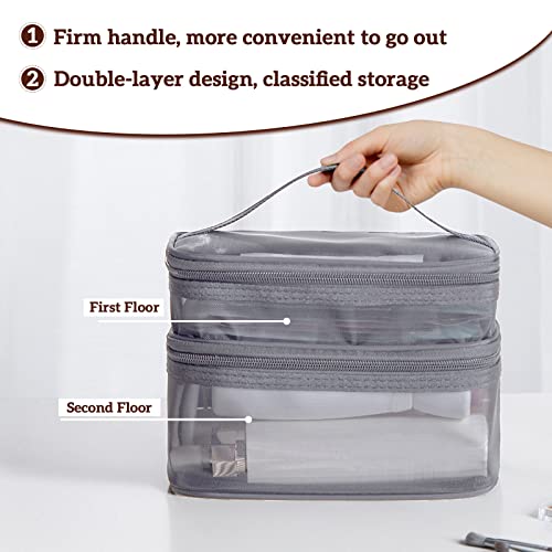 Double Layer Makeup Bag, Large Mesh Travel Cosmetic Pouch with Double Zipper, Vertical Make up Bag, Multifunctional Toiletry Bag for Makeup Brushes (Gray)4