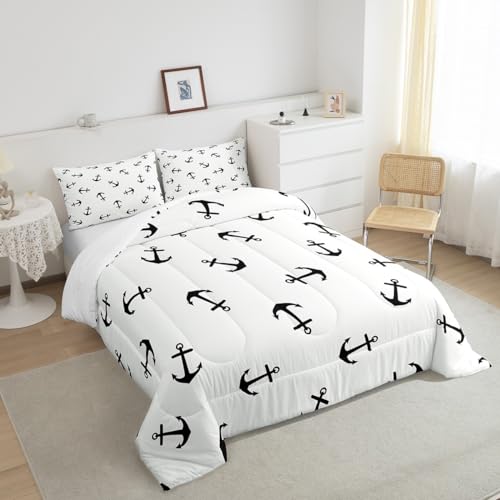 Housse de couette nautique lit simple Manfei - Linge de lit enfant motif ancre et bateau à voile