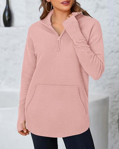 BTFBM Sweaters for Women Fall Clothes 2026 Pocket Quarter Zip Pullover V Neck Long Sleeve Knit Trendy Winter Sweater(Pink, Large) — view 2