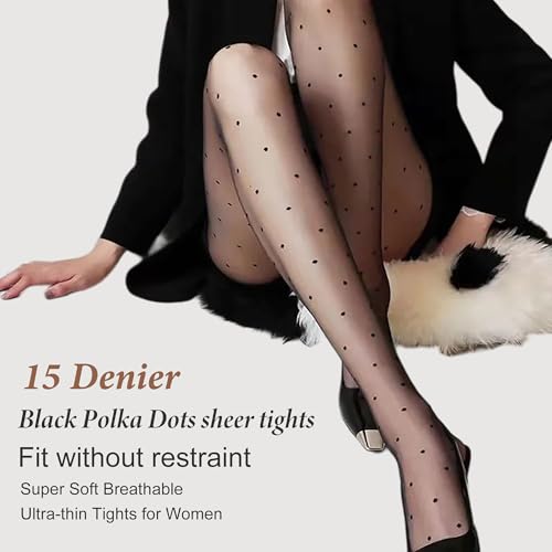 Image of Polka Dot Patterned Black Tights for Women,Women's 15D Sheer Pantyhose,High Waist Ultra Stretchable Footed Tights,Plus Size Stockings