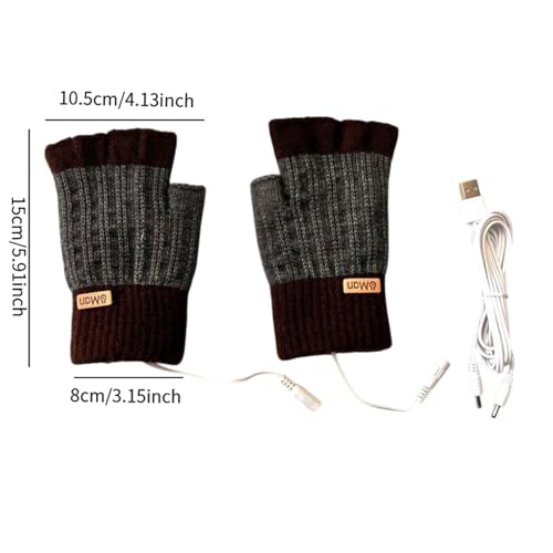 USB Heated Gloves Fingerless Electric Heating for Computer Gaming Office Work Typing Winter Hand Warmers- Coffee4