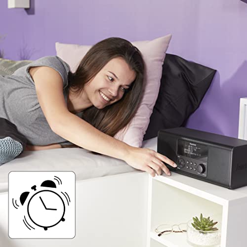 Hama Digitální rádio DR1400 (DAB/DAB+/FM, rádiový budík se 2 časy alarmu/snooze/časovačem, 4 tlačítka stanic, stereo, osvětlený displej, kompaktní digitální rádio) černé