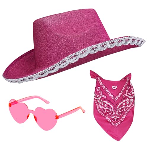 tiggell Cowboy Hat Costume Cowgirl Hat with Heart Shaped Sunglasses & Bandana for Western Cowboy Halloween Cosplay Dress Up (US, Alpha, One Size, Rose)
