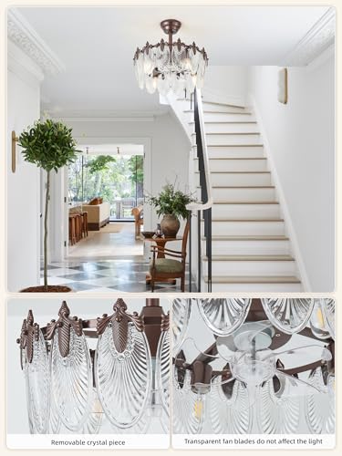 Image of 20 Inch Brown Crystal Fandelier Ceiling Fan with Light, Vintage Brown Ceiling Fans with Lights Remote Control, Caged with 6 Speeds for Bedroom, Nursery, Living Room