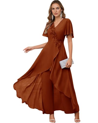 Chiffon Mother of The Bride Pant Suits - Short Sleeves Lace Appliques Wedding Formal Jumpsuits