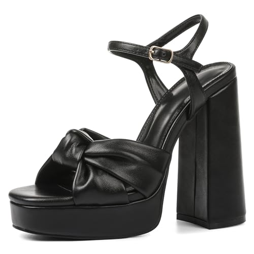 Eteridrey Bow Platform High Heels for Women Chunky Square Open Toe Heeled Sandals Sexy Ankle Strap Dress Pumps Wedding Party Prom Shoes