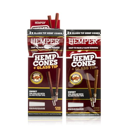 Hemper Pre-Rolled 2PK King Size Glass Tipped Natural Hemp Cones – 12ct Display | Slow-Burning, Hand-Rolled Cones with Reusable Glass Filter Tips for Smooth Smoking - (Sweet)