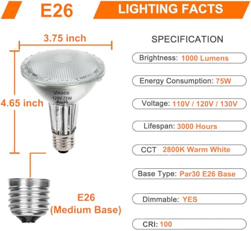 Image of Vinaco Halogen PAR30 Long Neck Flood Bulb Dimmable 75W 750LM 120V E26 6pcs