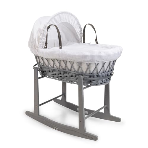 Clair de Lune Couffin en Osier Gris gaufré avec Support à Bascule Standard Gris – 68 x 30 cm (Blanc)