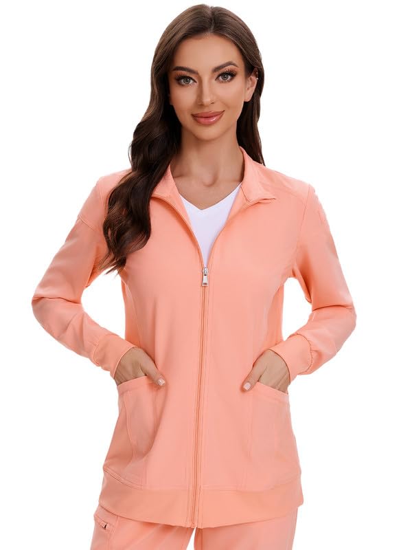COZYFIT Scrub Jackets for Woman Zip Front Nurse Jacket 4-Way Stretch Fabric - Coral Red 5XL