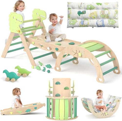 Toddler Climbing Frame 9-in-1 Indoor Climbing Frame for Toddlers Foldable Baby Climbing Toys Wood Triangle Set with Climbing Arch Balance Cushion Outdoor Climbing Frames for Enfan 2-6 Age-Dinosaur