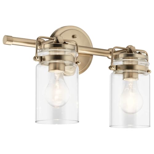 Image of Kichler Brinley 2-Light Bathroom Vanity Light Fixture 15.75 in Industrial Farmhouse with Clear Glass in Champagne Bronze for Mirror Over Sink (15.75 x 10.25 x 6.75 in), 45688CPZ