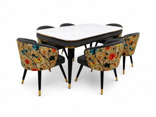 Image of WOODEN SPACE 6-Seater Wooden Dining Table Set | Nano Composite Marble Top | Solid Wood Base | Modern Dining Room Furniture with 6 Chairs (Dark Grey Printed)
