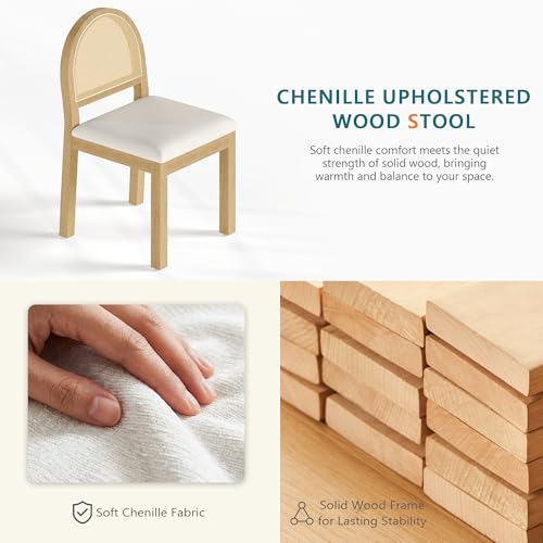 Image of STHOUYN Upholstered Rattan Dining Chairs Set of 4, Farmhouse Solid Wood Dining Room Chair with Natural Rattan Woven Back and Chenille Seat, Mid-Century Modern Wooden Kitchen Chairs (4, Cream White)