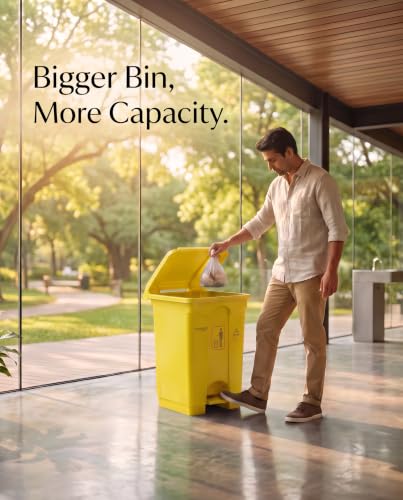 Image of pedal dustbin with lid, heavy duty plastic garbage bin, hands-free step-on waste bin for kitchen, office, home, hotel, bathroom & outdoor use (Mango Yellow, 65 Liters)