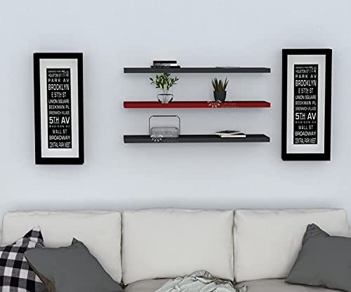 Image of Wooden Floating Wall Shelf| Wall Mount| Wall Rack| Wall Bracket for Home and Office Decor | Big Mounted Cabinets (Large, Set of 3, Black and Red)