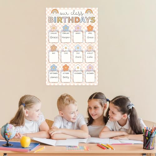 Image of Whaline Happy Birthday Chart Poster Pastel Boho Flower Birthday Chart Calendar Colorful Plaid Birthday Reusable Poster Decoration for Back to School Bulletin Board Chalkboard Wall Decor 11 x 16.5 In