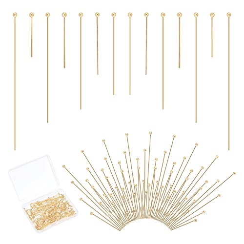 Ph Pandahall 24K Gold Ball Head Pins, 200Pcs 7 Size 304 Stainless Steel Jewelry Making Pins Metal End Headpins Beading Pin For Earring Pendant Bracelet Necklace Jewelry Diy Craft, 15Mm~50Mm #TOP6