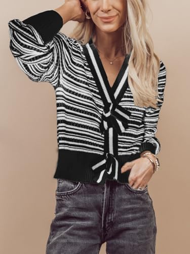 Image of ThCreasa Womens Long Sleeve Striped Cropped Sweater Bow Loose V Neck Knit Trendy Pullover Sweaters