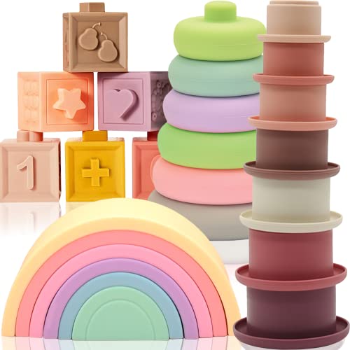 Quokka Montessori Toys For Babies 12 Months - 3 Set Stacking Toys For Toddlers 12 Months - | Rainbow Stacker | Stacking Cups | Silicone Rings | Soft Teething Toys 1-3 #TOP7