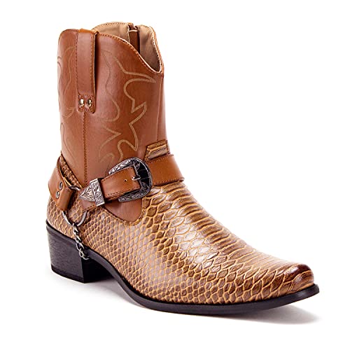 Jazame Cowboy Boots for Men Western Style Ankle High Motorcycle Riding Pointy Toe Moto Dress Boots Botas Vaqueras para Hombre men's western boots Buckle Design, Brown, 9.5