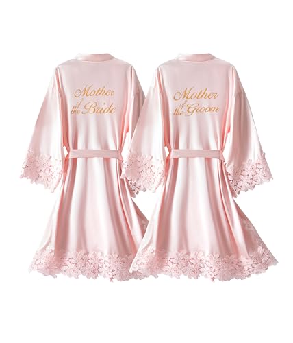 Image of Crystal Dew 2 Pcs Mother of the Bride Groom Robe with Lace Trim Embroidery Bridal Satin Kimono Robes for Wedding Day