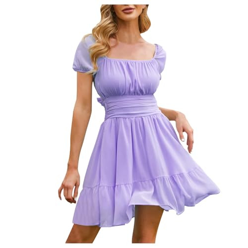 Chiffonkleid Damen Leicht Rüschen Kleid Freizeit Einfarbig Sommerkleid Coquette Kurzarm Lose Strandkleid Knielanges Sommer Dress Tunika A Linie...