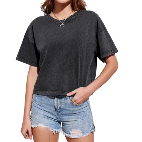 Cotton Loose Crop Tops for Women Acid Wash Cropped T Shirts Trendy Vintage Basic Tees Casual Short Sleeve Tshirt