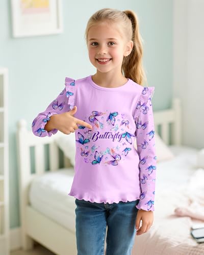 Image of Girls Long Sleeve Shirts Kids Crewneck T-Shirt Toddler Girl Unicorn Mermaid Ruffle Graphic Tees Fall Soft Tops 3-8 T