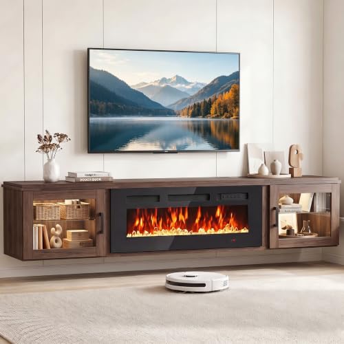 Image of 80 inch Floating TV Stand with Fireplace WI-FI Enabled, High Gloss Finish Wall Mounted Fireplace Entertainment Center with Storage for TVs Up to 90 inch, Brown