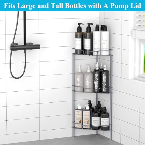 Image of HuggieGems 3 Tier Floor Standing Corner Shower Caddy Organizer Shelf with Hooks, Bathroom Shelves Stand Rack, Dark Gray