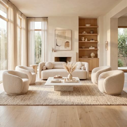 Image of 5 Piece Curved Couch Set for Living Room, Boucle Sofa Set with 1 Modern 3-Seater Sofa & 4 Swivel Chairs, Deep Seat Conversation Seating Furniture for Open Concept Spaces,Home Office (Beige)