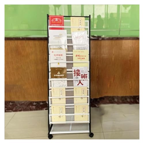Porte-revues sur pied métallique avec bacs inclinés pour accueil et salon