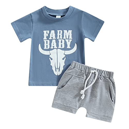 Image of Toddler Baby Boy Western Outfit Cow Print Short Sleeve T Shirt Top Solid Shorts Set Cowboy Outfit Summer Clothes