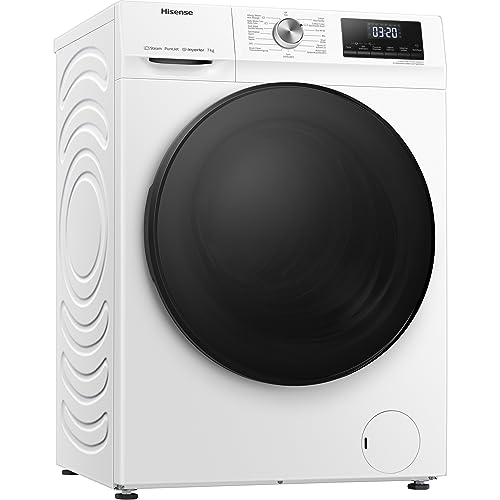 Hisense WFQA7014EVJM Machine à laver avec fonction vapeur/ 7 kg/AquaStop/ 1400 tr/min / 15 programmes/Inverter PowerDrive Motor/Tambour en acier inoxydable/Sécurité enfant/Nettoyage du tambour/Blanc