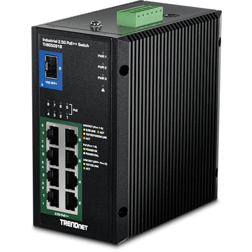 Image of TRENDnet 9-Port Industrial 2.5G DIN-Rail PoE++ Switch with 10G SFP+ Port (24 - 57V), TI-BG5091B, 8 x 2.5G PoE++ Ports, 1 x 10G SFP+ Port, 480W PoE, 60Gbps Switch Capacity, Black