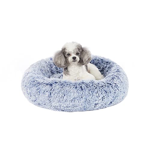 Image of Bedfolks Calming Donut Dog Bed, 23 Inches Round Fluffy Dog Beds for Small Dogs, Machine Washable Anti-Anxiety Plush Puppy Bed(Navy Blue, Small)