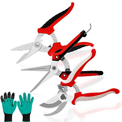 3 Pack Gardening Pruning Shears, 7 inches Stainless Steel Cutter Clippers, Garden Sissiors Sharp Hand-held Pruner Secateurs Set with Gardening Gloves