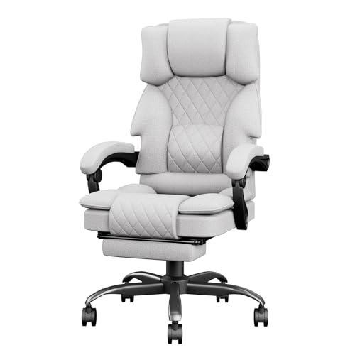 PZDO Ergonomic Office Chairs for Home, Big Tall Fabric Computer Chair with Footrest & Wide Seat, Height Adjustable Home Desk Chairs for Teens, Executive Armchair, 350LBS, Light Grey